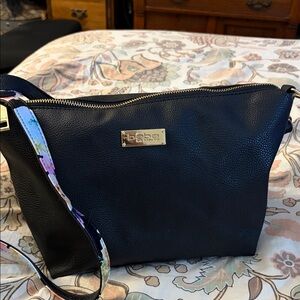 Bebe Black Crossbody Bag with Floral Strap